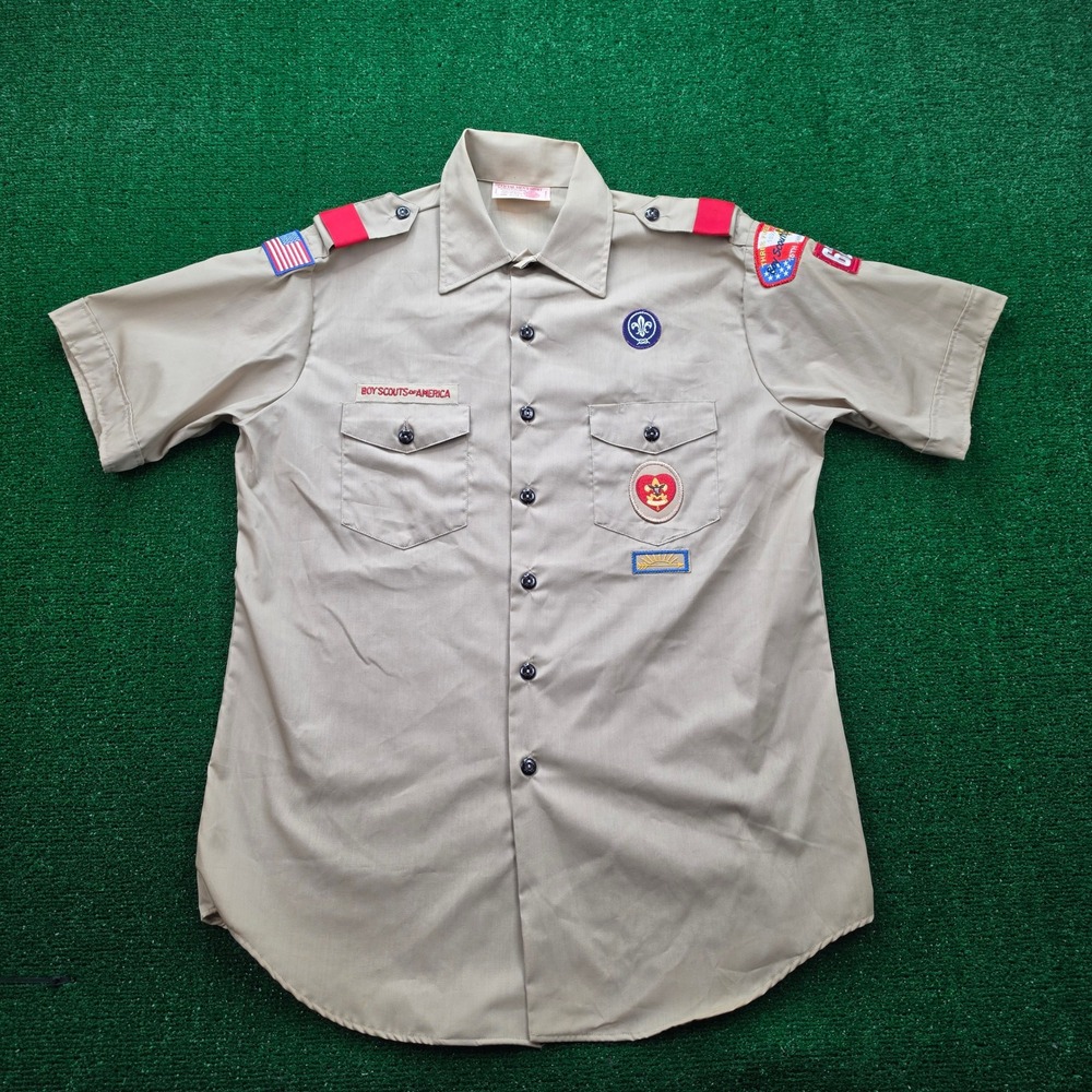 Boy Scouts of America Shirt Mens Large Beige Three Fires Council Camping Hiking